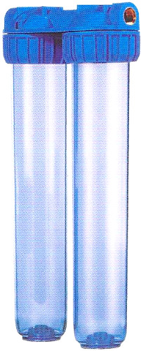 Συσκευή φιλτραρίσματος νερού παροχής ύδρευσης 8 bar 45°C μονή που δέχεται φίλτρα 20″ διπλή
